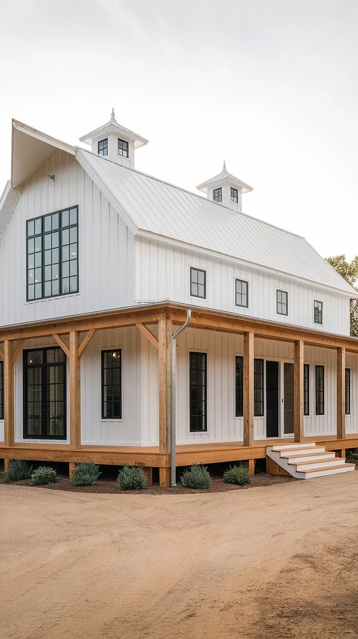 This modern farmhouse features a rustic white exterior with a barn-style design, an L-shaped porch, black windows, and wood accents, creating a charming house exterior aesthetic.