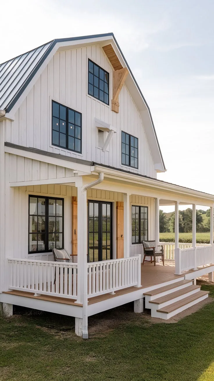 The white farmhouse with shutters and barn-style design, complemented by an elevated porch and green landscape, showcases inspiring remodel front of house possibilities.