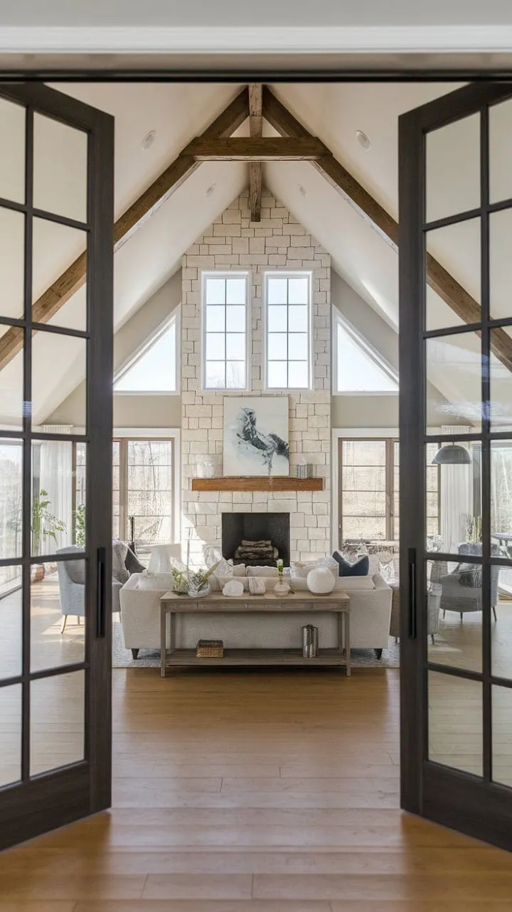 This modern farmhouse seamlessly blends comfort and sophistication, featuring an airy open layout, a striking stone fireplace, and a vaulted ceiling that invites abundant natural light.