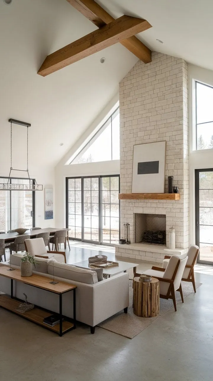 Bathed in sunlight, this modern farmhouse harmoniously fuses rustic charm with contemporary design, creating a cozy sanctuary perfect for relaxation and gatherings.