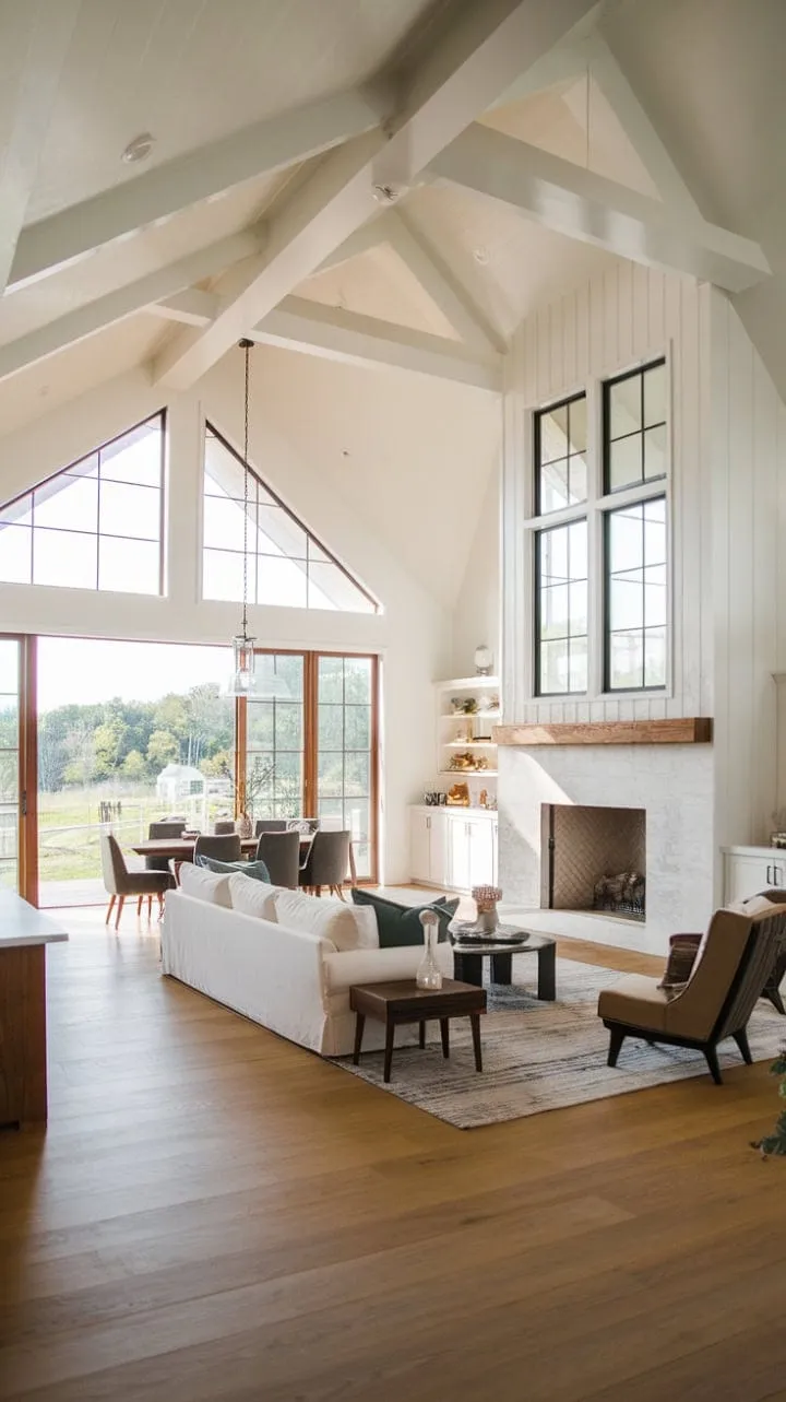 Bathed in sunlight, this modern farmhouse harmoniously fuses rustic charm with contemporary elegance, featuring airy spaces, minimalist decor, and a striking fireplace.