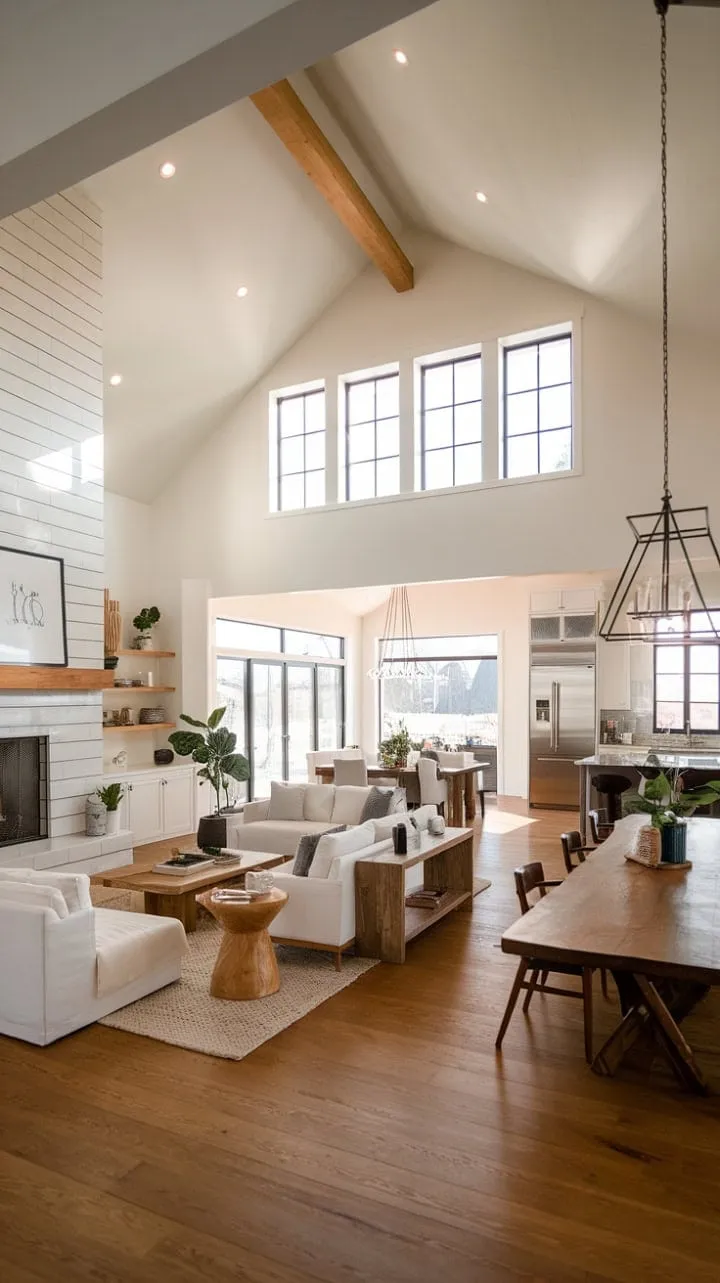 Bathed in sunlight, this modern farmhouse boasts an airy open floor plan with minimalist decor and striking features that blend inviting warmth with effortless chic.