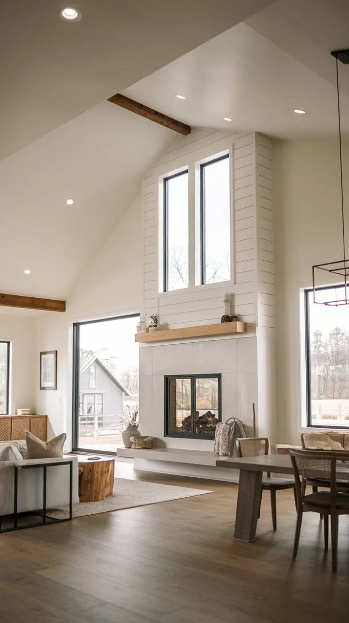 Bathed in sunlight, this modern farmhouse blends minimalist design with cozy warmth, creating a serene sanctuary that beautifully balances function and style.