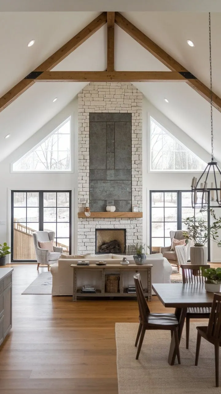 This home is a harmonious sanctuary where contemporary elegance meets rustic warmth, featuring an open layout, vaulted ceilings, and a stunning stone fireplace.