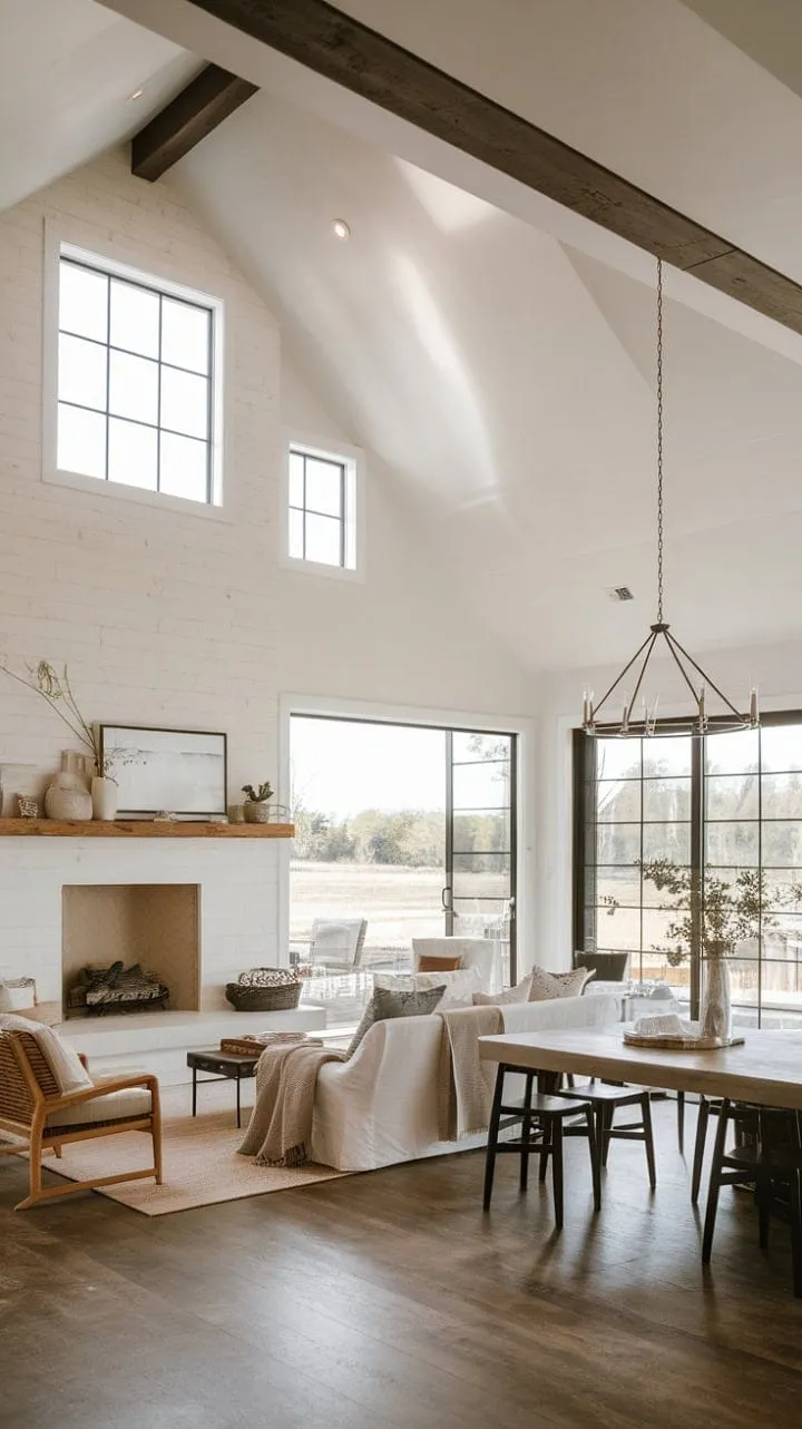 This modern farmhouse harmoniously combines rustic charm with sleek design, featuring a striking fireplace and abundant natural light that create a serene and sophisticated retreat.
