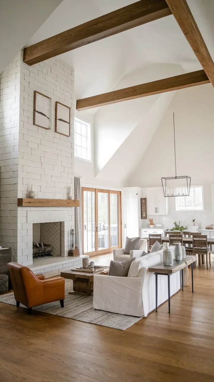 Bathed in sunlight, this modern farmhouse features a stunning stone fireplace that unites the living and dining spaces in a sanctuary of understated elegance.