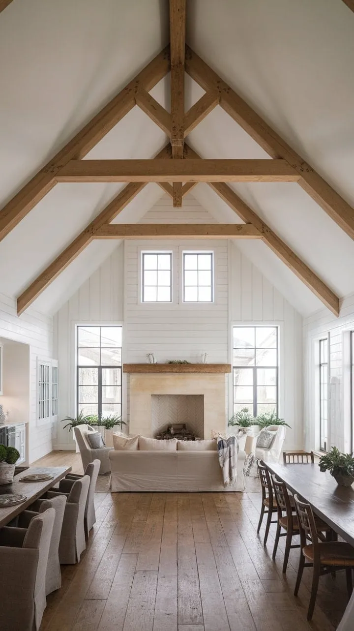 Sunlight floods this modern farmhouse, highlighting its rustic charm and minimalist elegance, while the cozy fireplace adds warmth to the serene, open atmosphere.