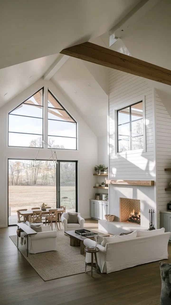 Bathed in sunlight, this modern farmhouse's open floor plan features a striking vaulted ceiling and fireplace, creating a serene and inviting retreat.