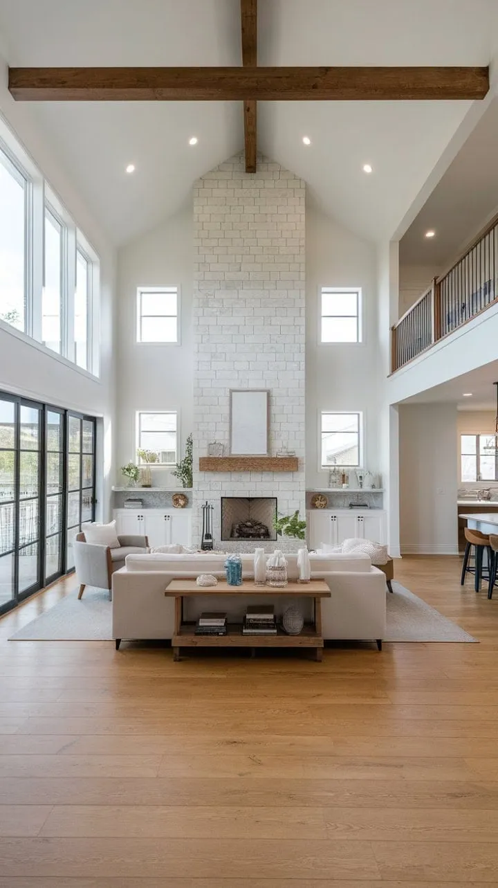 This modern farmhouse harmoniously fuses rustic charm with sleek minimalism, featuring soaring ceilings and a stunning stone fireplace that radiate inviting luxury.