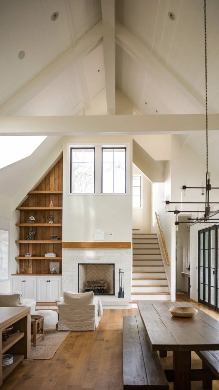 Bathed in sunlight, this minimalist modern farmhouse exudes calm luxury with its seamless open layout, rich wood accents, and striking fireplace.