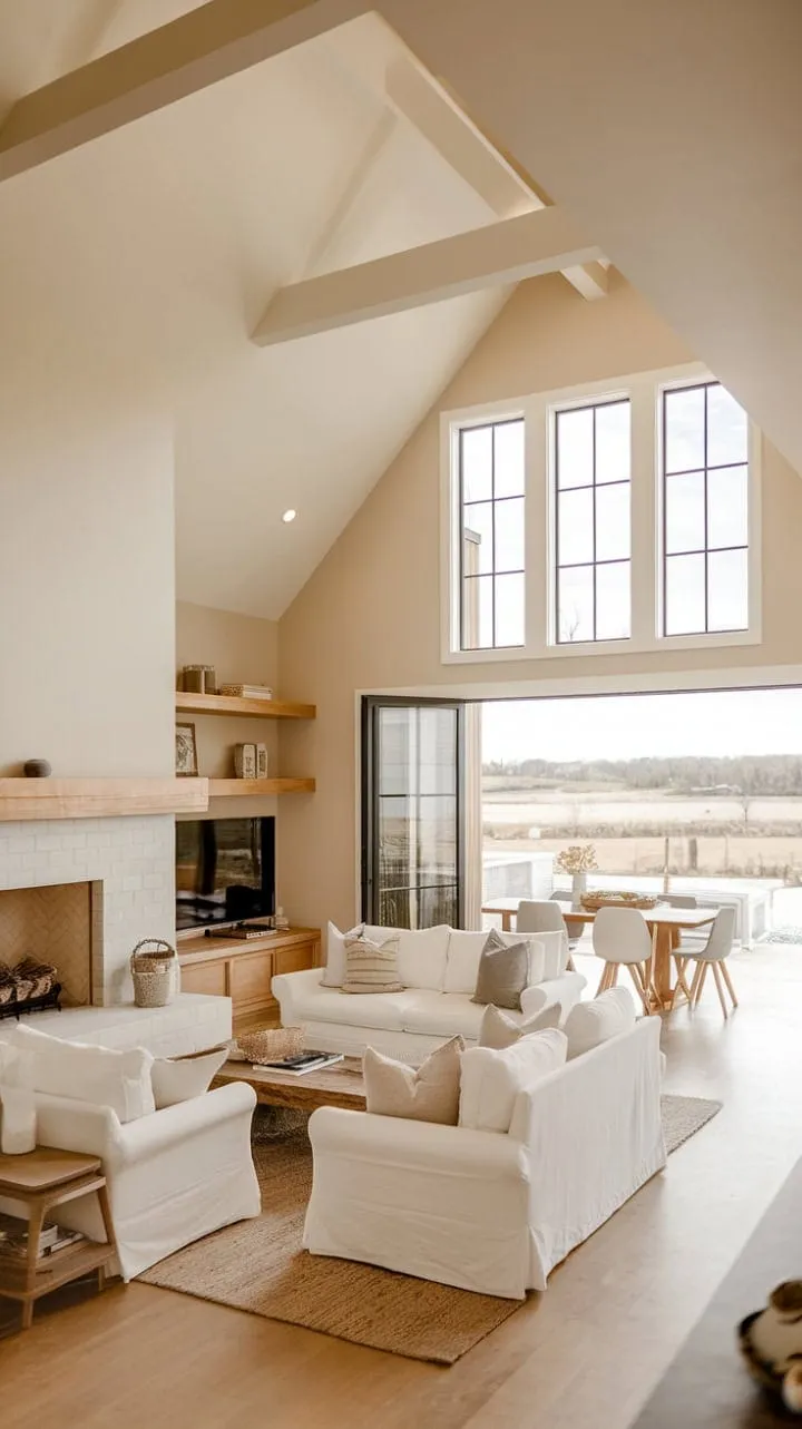 Bathed in sunlight, this modern farmhouse harmoniously fuses rustic charm with contemporary elegance, showcasing minimalist decor and a striking fireplace beneath soaring vaulted ceilings.