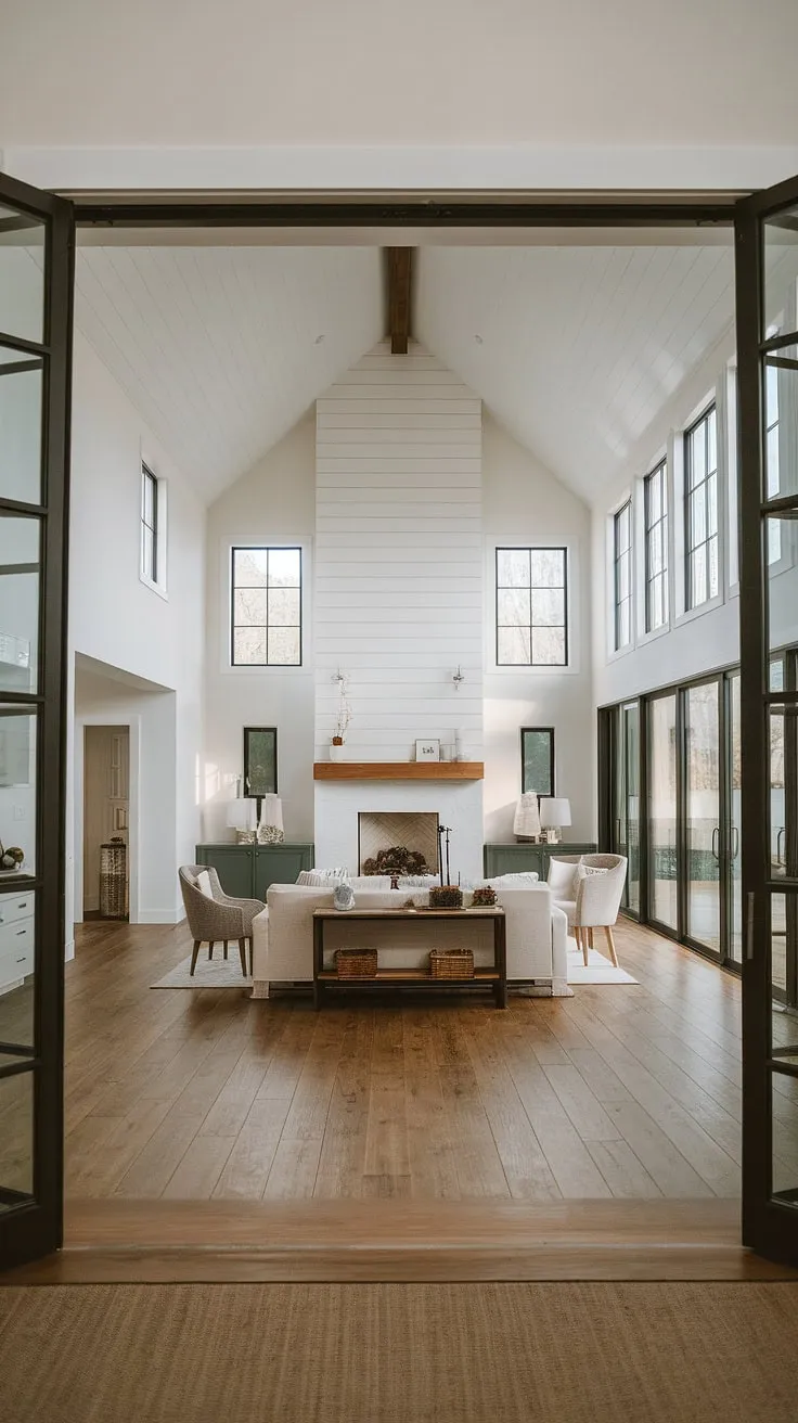 Sunlight streams through the expansive windows of this minimalist farmhouse, illuminating the warm wood floors and the inviting fireplace. A perfect blend of rustic charm and contemporary elegance, this open-plan living space offers a seamless flow between the living and dining areas, creating a truly welcoming atmosphere. A space designed for both relaxation and entertaining.