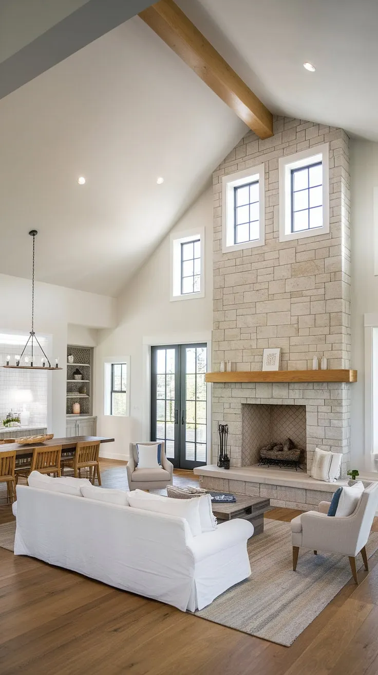 Sunlight streams through the expansive windows of this modern farmhouse, illuminating the warmth of the stone fireplace and the inviting open floor plan. The perfect blend of rustic charm and contemporary elegance creates a space that feels both cozy and grand. A true haven.