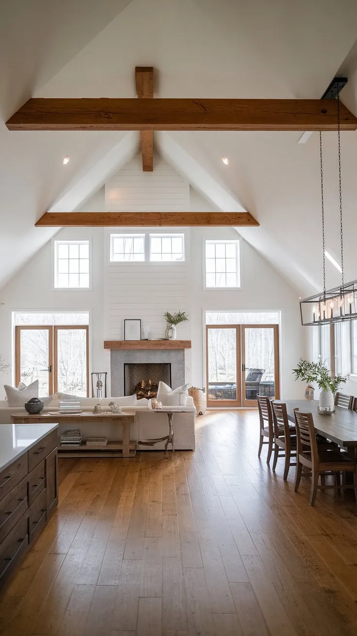 This stunning modern farmhouse boasts an open concept design that maximizes natural light and creates a sense of spaciousness. The heart of the home, a breathtaking living room with a fireplace and vaulted ceilings, flows effortlessly into a charming dining area, perfect for gatherings. A true testament to elegant simplicity.