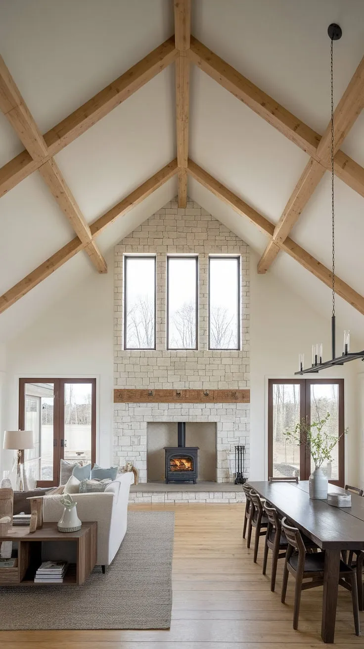 Sunlight streams through the expansive windows, illuminating the warmth of the stone fireplace and the rustic charm of the exposed wooden beams in this modern farmhouse's open-plan living space. The minimalist decor allows the natural beauty of the home's architecture to shine, creating a space that feels both inviting and effortlessly elegant. A perfect blend of rustic and contemporary design.