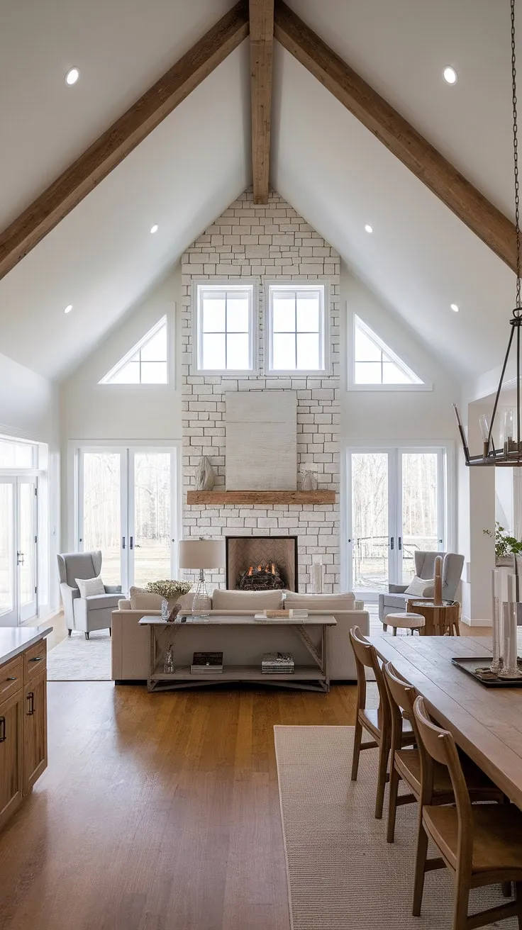 This stunning modern farmhouse boasts an open concept design that seamlessly blends the living and dining areas. A focal point fireplace, bathed in natural light from strategically placed windows, anchors the space. A perfect example of how minimalist design can create a feeling of spaciousness and warmth.