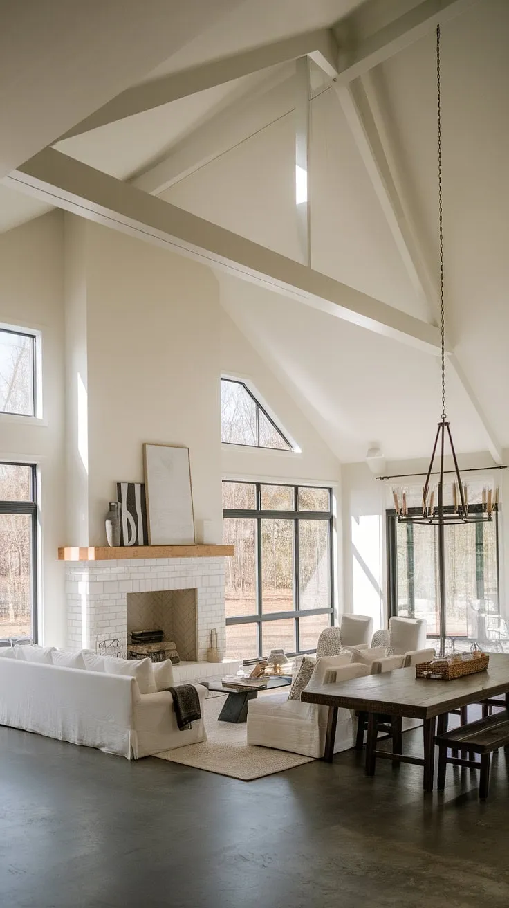 This open-concept living space seamlessly blends the living and dining areas, anchored by a breathtaking fireplace. The vaulted ceilings and abundant natural light, pouring in through the large windows, amplify the sense of spaciousness. A perfect example of how clean lines and thoughtful design can create a truly inviting home.