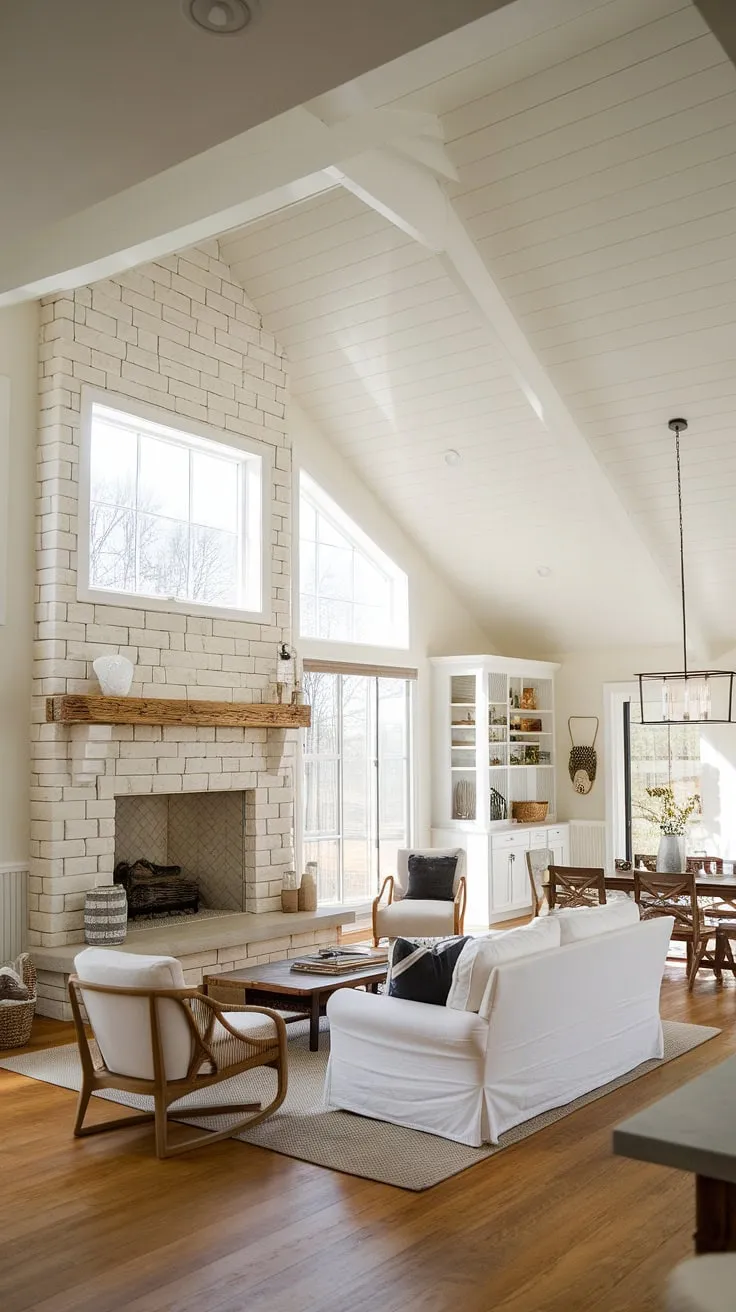This modern farmhouse boasts an airy open concept design, highlighted by a magnificent stone fireplace that anchors the living space. Natural light floods the room, accentuating the beautiful wood floors and creating a sense of calm and serenity. The perfect blend of rustic charm and contemporary elegance.