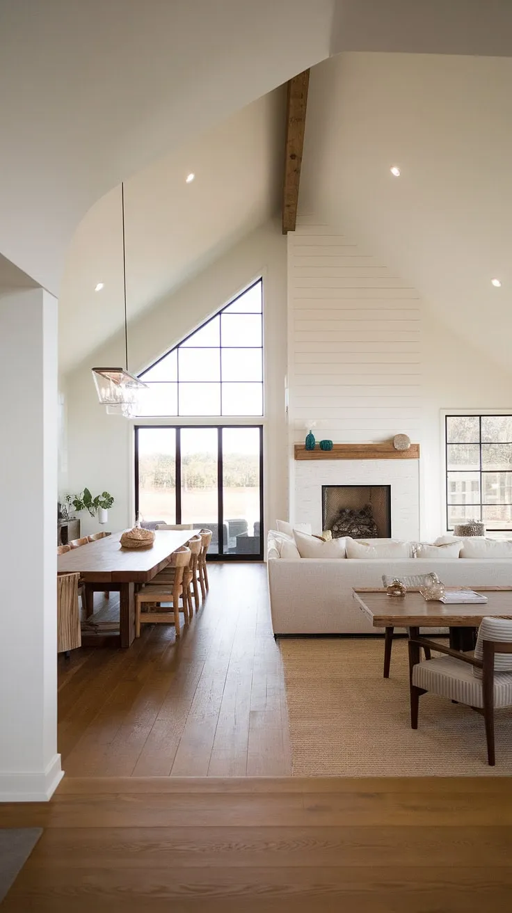 Sunlight streams through the expansive windows of this modern farmhouse, illuminating the open-plan living and dining areas. The minimalist decor complements the vaulted ceilings and impressive fireplace, creating a space that is both stylish and incredibly inviting. A perfect blend of rustic charm and contemporary elegance.