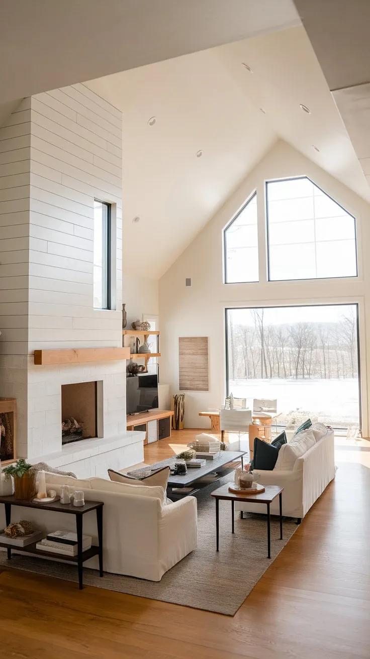 Sunlight streams through expansive windows, illuminating the minimalist elegance of this modern farmhouse's open floor plan. The soaring vaulted ceiling and substantial fireplace create a dramatic yet inviting atmosphere, perfectly showcasing the home's A-frame architecture.