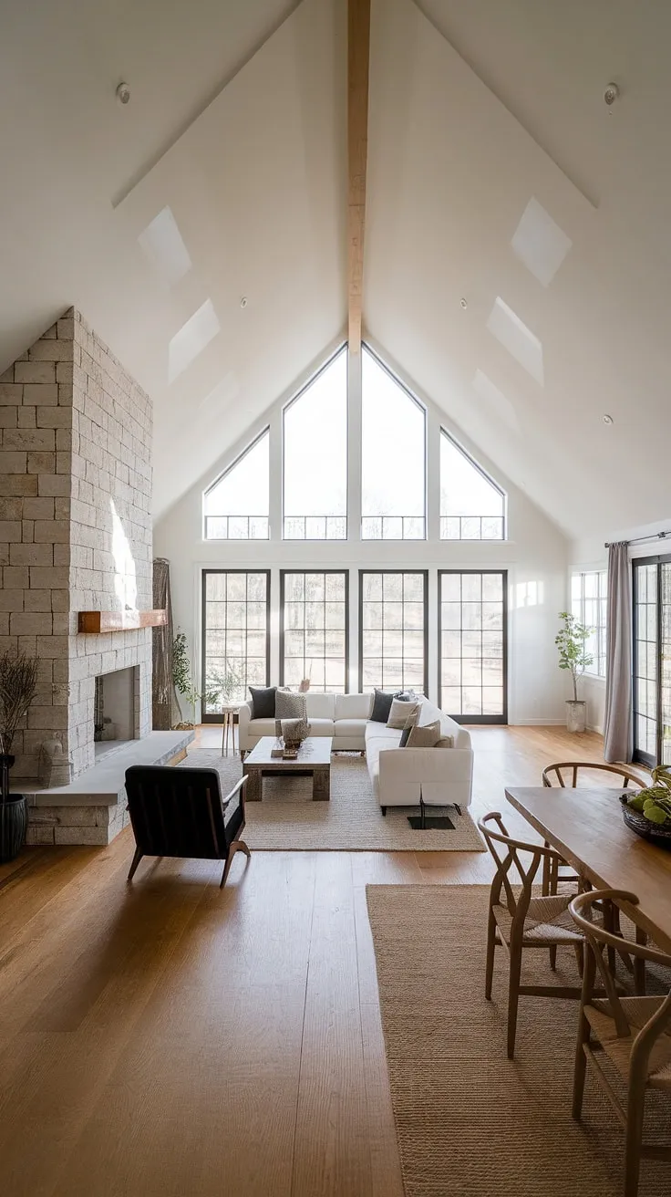 Sunlight streams through expansive windows, illuminating the airy open-plan living space. The minimalist decor and stone fireplace create a warm and inviting atmosphere, perfectly blending modern design with farmhouse charm. A sense of calm and effortless elegance pervades this stunning home.