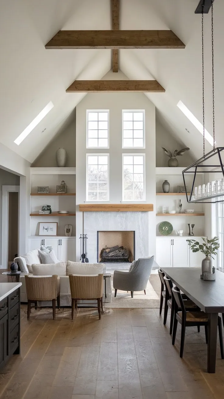 Modern farmhouse living at its finest. The open floor plan, vaulted ceilings, and minimalist decor create a space that's both stylish and incredibly comfortable. The warmth of the fireplace, framed by windows, is perfectly complemented by the inviting seating area and nearby dining space. A perfect blend of rustic charm and contemporary elegance.