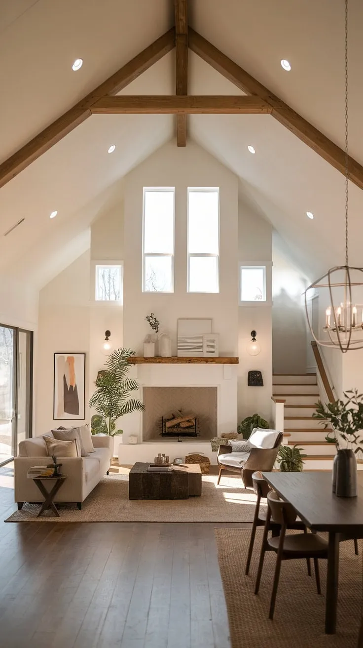 Warmth, light, and a sense of effortless style define this modern farmhouse. The open floor plan, vaulted ceilings, and strategically placed windows create a welcoming atmosphere, perfectly complemented by the minimalist décor and the inviting fireplace. A perfect blend of rustic charm and contemporary elegance.