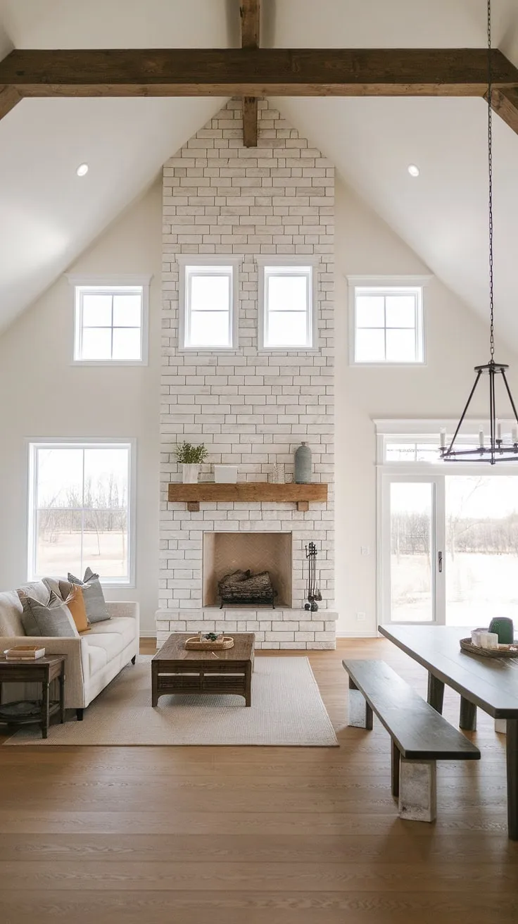 Sunlight streams through the expansive windows of this modern farmhouse, illuminating the warmth of the stone fireplace and the airy open floor plan. The minimalist decor creates a serene atmosphere, perfect for relaxing evenings and effortless entertaining. A true testament to comfortable, contemporary living.