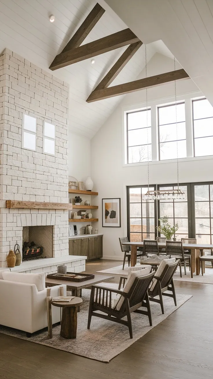 Sunlight streams through expansive windows, illuminating the heart of this modern farmhouse. The stone fireplace, a stunning focal point, anchors the open floor plan, creating a warm and inviting atmosphere perfect for both intimate gatherings and everyday living. A sense of calm and effortless style pervades the space.