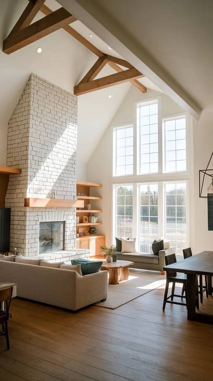 This modern farmhouse boasts an open concept living space, bathed in natural light. The towering vaulted ceiling and substantial stone fireplace, complete with a warm wood mantel, create a dramatic yet comfortable atmosphere. Simple furnishings enhance the feeling of spaciousness and calm.