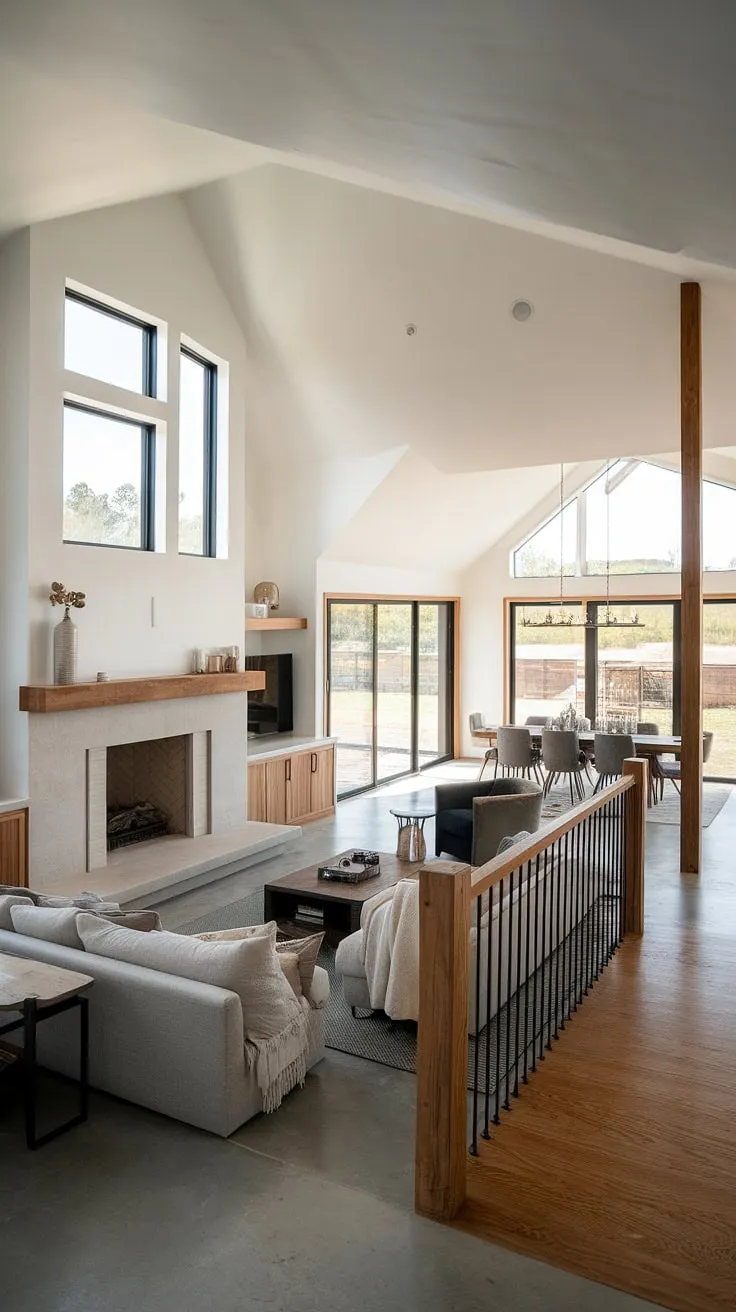 This home effortlessly blends rustic charm with contemporary design. A spacious open floor plan flows seamlessly from the living room, warmed by a magnificent fireplace and abundant natural light, into the dining area. The concrete floors and minimalist decor create a sophisticated backdrop, while the wooden staircase adds a touch of warmth. A truly inspiring space.