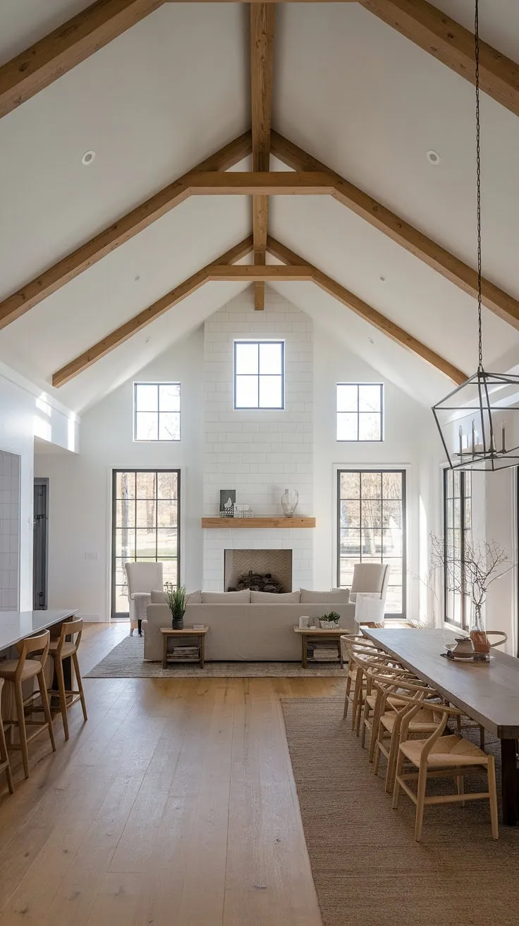 Modern farmhouse living at its finest. The open floor plan, vaulted ceilings, and minimalist decor create a space that's both stylish and incredibly comfortable. A stunning fireplace with windows is the focal point, perfectly complementing the cozy seating area and the long wooden dining table. A true haven of peace and tranquility.