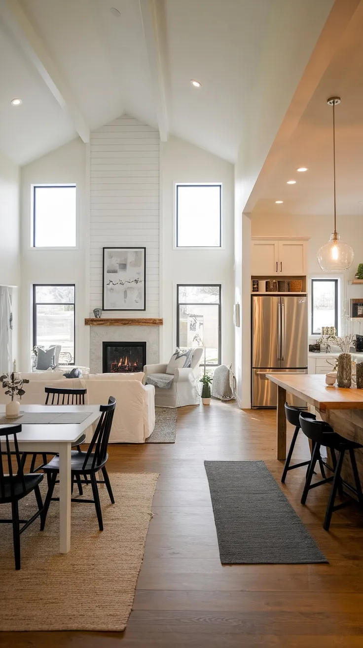 Sunlight streams through the expansive windows of this modern farmhouse, illuminating the minimalist decor and open floor plan. The warmth of the fireplace contrasts beautifully with the cool tones of the stainless steel appliances and white walls, creating a space that is both inviting and sophisticated. A perfect blend of rustic charm and contemporary elegance.