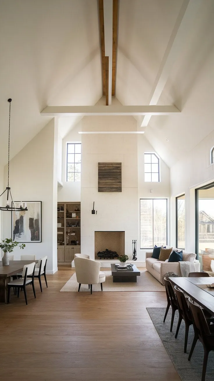 This stunning modern farmhouse showcases the beauty of simple living. A spacious layout seamlessly connects the living and dining areas, creating a flow that's both functional and aesthetically pleasing. The focal point, a magnificent fireplace flanked by windows, adds warmth and character. A testament to thoughtful design, this home effortlessly combines comfort and style, showcasing the power of minimalist decor and natural light.