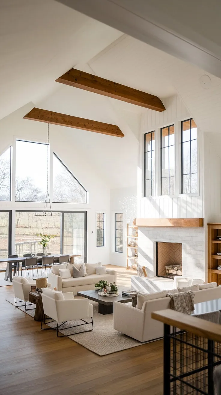 Sunlight streams through expansive windows, illuminating the airy open plan of this modern farmhouse. The warmth of the fireplace, framed by glass, complements the clean lines and minimalist decor, creating a space that's both inviting and effortlessly chic. A perfect blend of rustic charm and contemporary elegance.