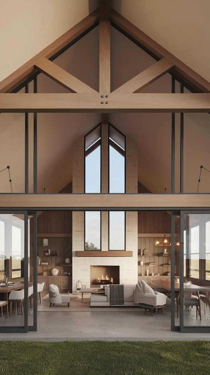 Modern farmhouse living at its finest. The soaring vaulted ceiling, exposed beams, and expansive windows create a warm and inviting atmosphere, perfectly complemented by the minimalist decor and open floor plan. A true sanctuary of comfort and style. A testament to thoughtful design and seamless indoor-outdoor living.