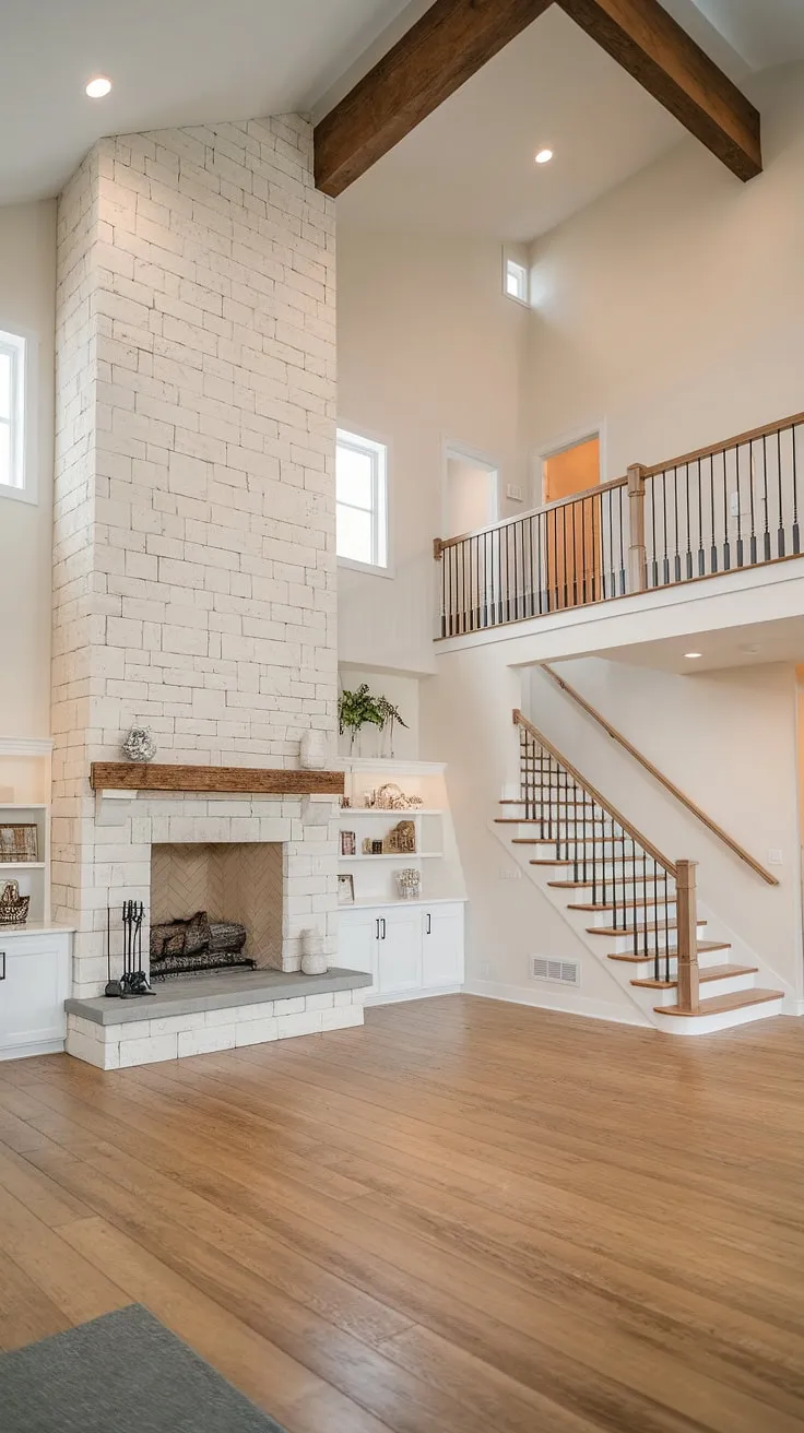 This stunning open-concept living and dining area boasts a breathtaking stone fireplace, featuring a captivating window detail, that anchors the space. The high vaulted ceiling and minimalist decor create an airy and sophisticated atmosphere, perfectly complemented by the warm wood floors and a charming wooden staircase leading upstairs. A true testament to modern farmhouse design.