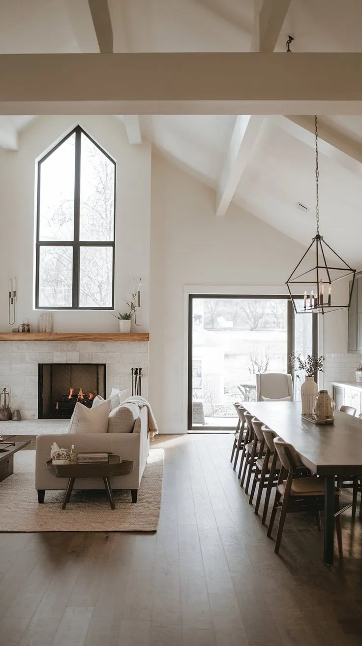 This stunning modern farmhouse boasts an open concept design that seamlessly connects the living and dining areas. A cozy sofa sits nestled near a breathtaking fireplace, framed by expansive windows. The high ceilings and light-filled space create a feeling of airy spaciousness, while the warm wood floors and minimalist aesthetic add a touch of understated sophistication. A true sanctuary.