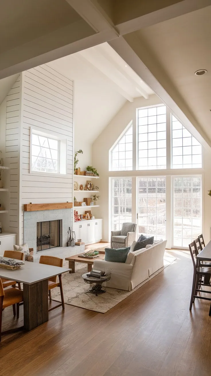 Sunlight streams through expansive windows, illuminating the airy open floor plan of this modern farmhouse. The minimalist decor, built-in shelving, and a dramatic fireplace create a warm and inviting atmosphere, perfect for both cozy evenings and grand gatherings. A true testament to comfortable, contemporary living.