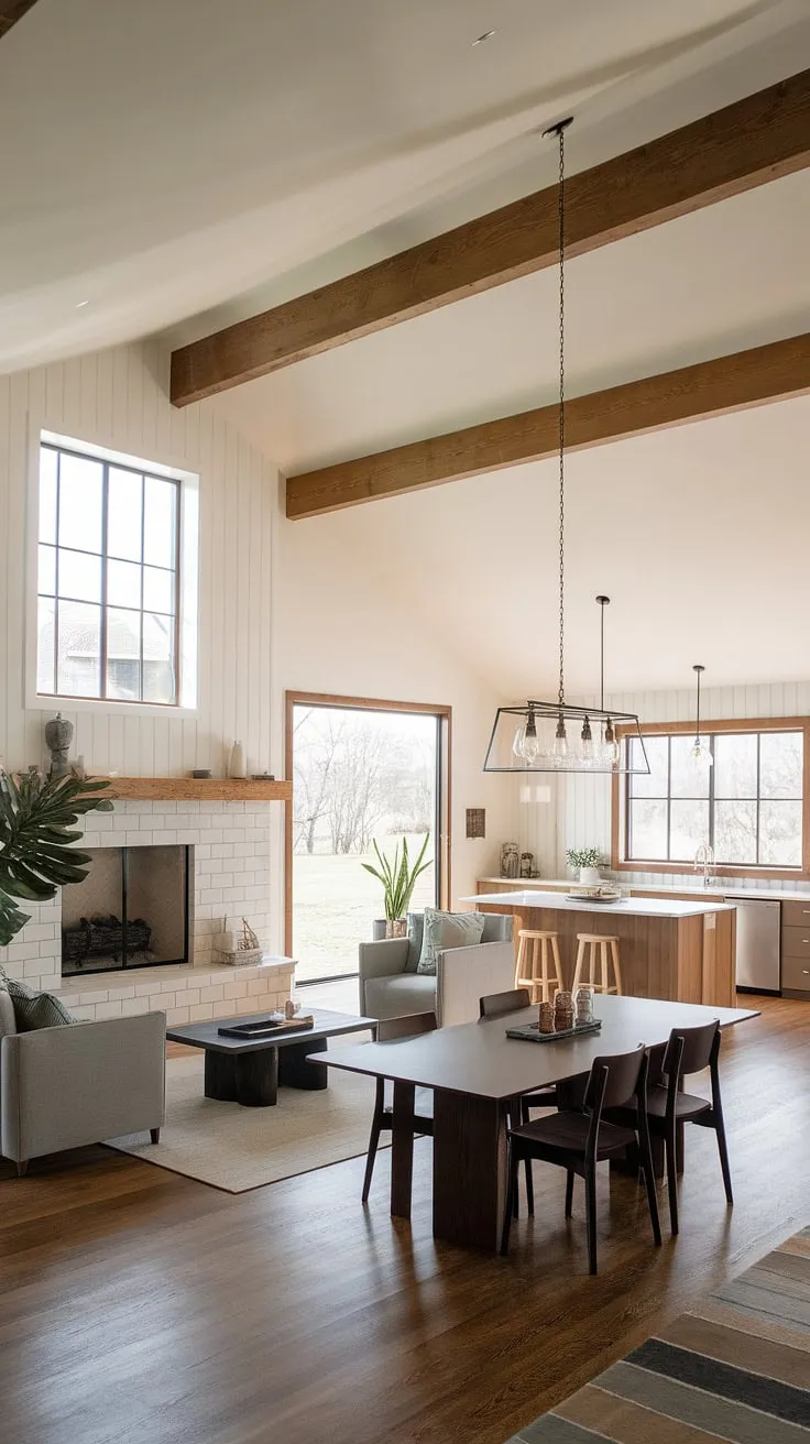 This stunning modern farmhouse seamlessly blends rustic charm with contemporary elegance. The vaulted ceilings, large windows, and open concept design create a spacious and airy feel, while the minimalist furnishings and strategically placed greenery add a touch of understated sophistication. A perfect example of how to achieve a balanced and beautiful living space.