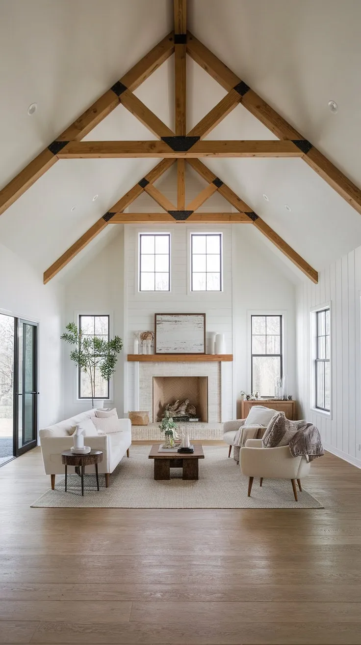 Sunlight streams through the expansive windows of this modern farmhouse, illuminating the vaulted ceiling and showcasing the minimalist design. The warmth of the fireplace, nestled amongst the exposed wooden beams, creates a cozy atmosphere perfect for relaxing evenings. A testament to comfortable, contemporary living.