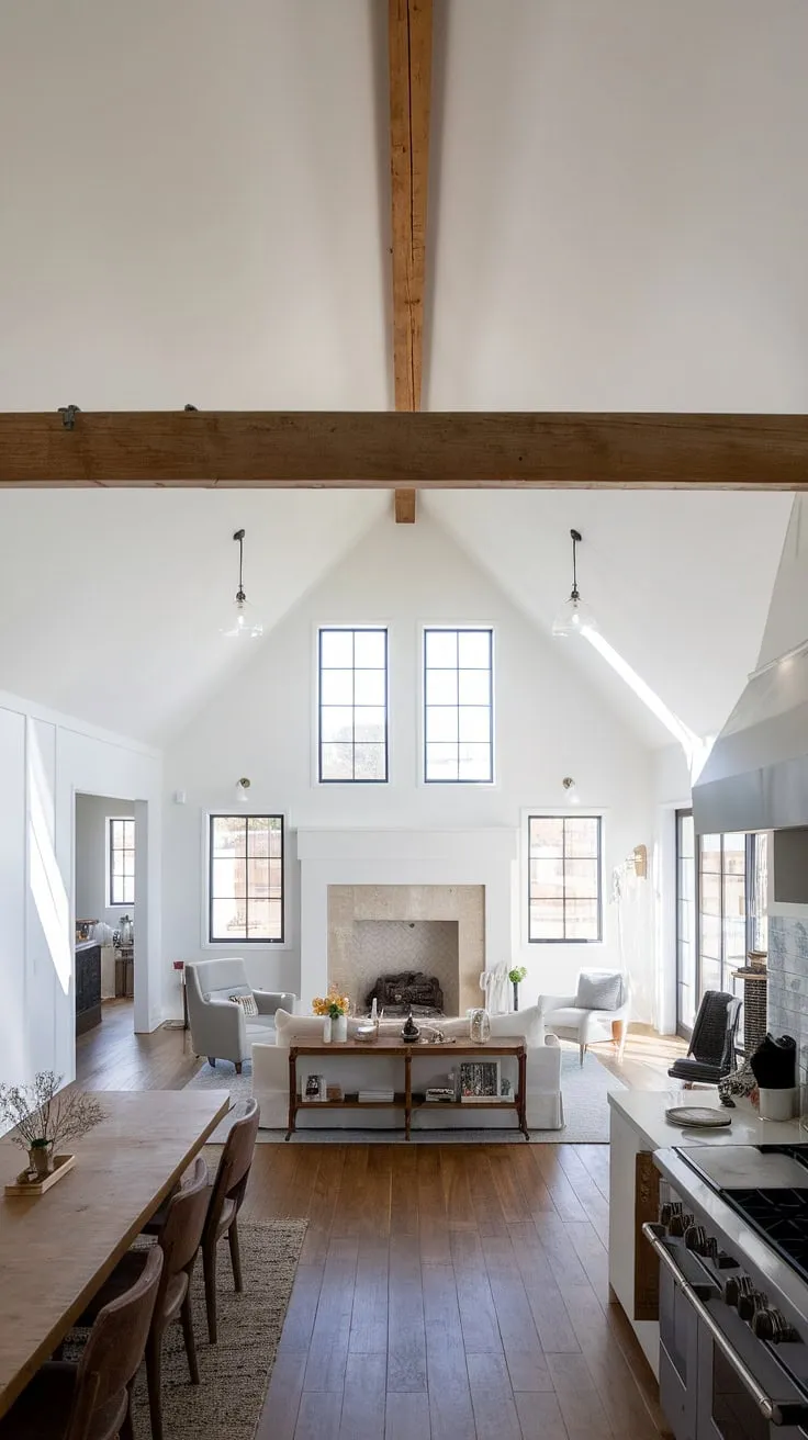 Modern farmhouse living at its finest. The open floor plan, vaulted ceilings, and minimalist decor create a space that's both elegant and incredibly inviting. A perfect blend of rustic charm and contemporary style, this home offers a tranquil escape with ample natural light streaming in through the large windows surrounding the fireplace. A true sanctuary.