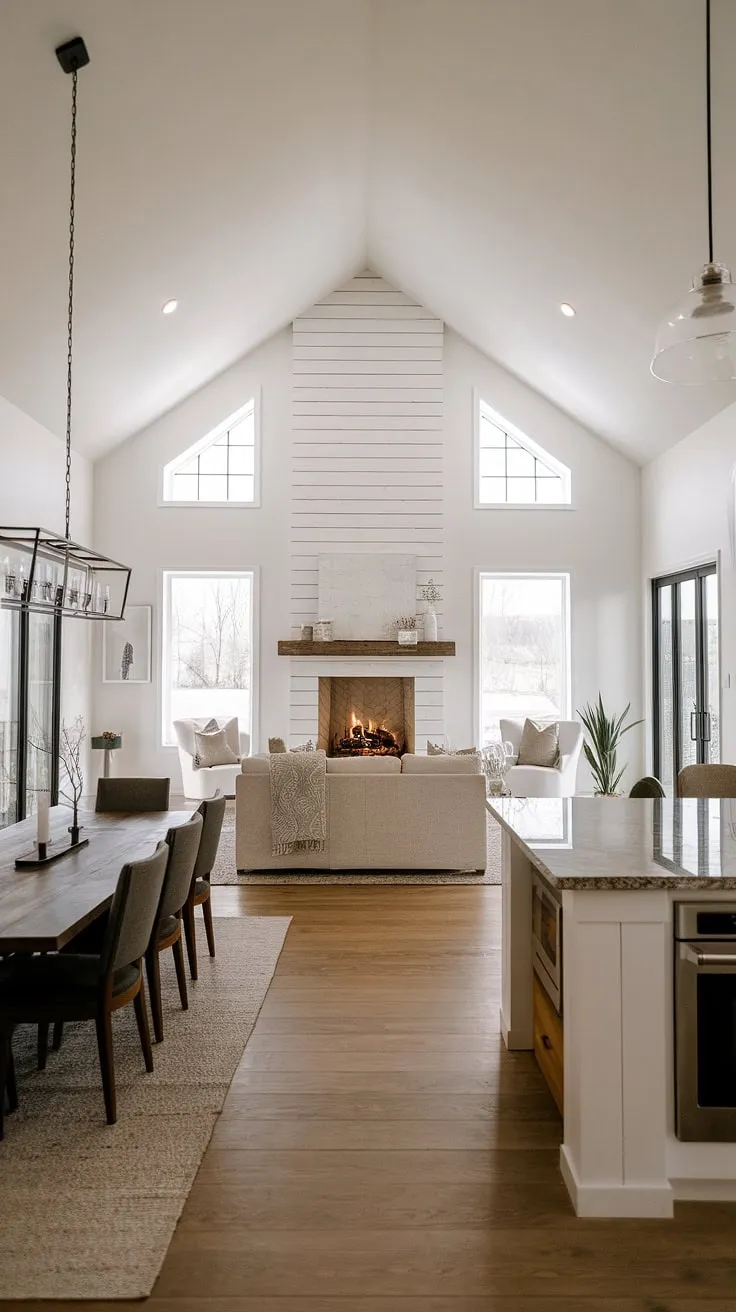 This minimalist modern farmhouse boasts a breathtaking open concept design. A focal point fireplace, bathed in natural light from its strategically placed windows, anchors the living space, while the sleek kitchen and rustic dining area flow effortlessly, creating a home that's both stylish and incredibly functional. A true sanctuary.