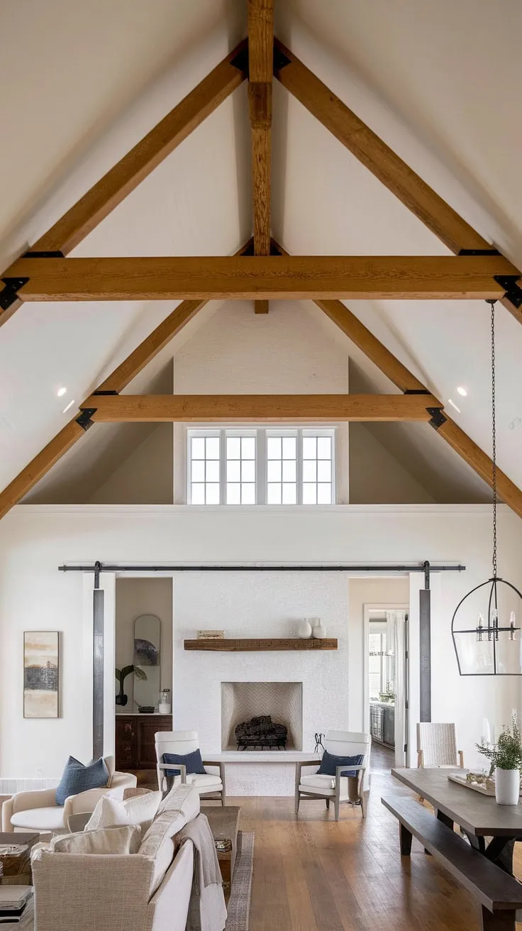 This open-plan living space seamlessly blends rustic farmhouse elements-exposed beams and a stone fireplace-with a clean, minimalist aesthetic. The large windows and vaulted ceiling flood the area with natural light, creating a welcoming and spacious atmosphere. A true sanctuary for modern living.