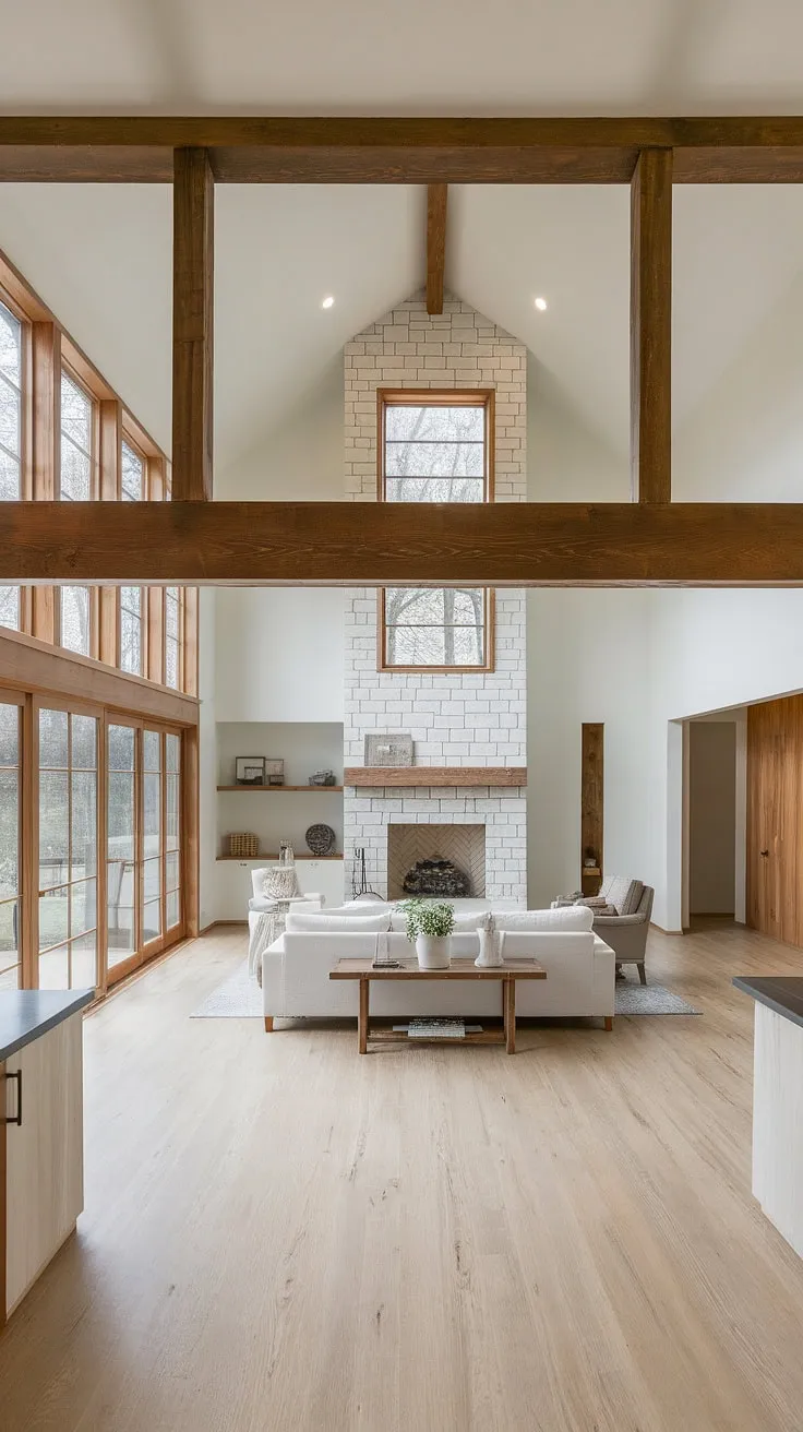 Sunlight streams through expansive windows, illuminating the warmth of the stone fireplace and the airy open floor plan of this modern farmhouse. The minimalist decor and natural wood accents create a serene and inviting atmosphere, a perfect blend of rustic charm and contemporary elegance. A truly stunning space.