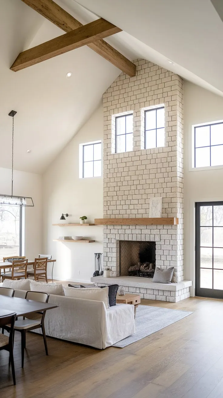 Sunlight streams through the large windows flanking the stunning stone fireplace, illuminating the airy open-plan space. The comfortable sofa beckons you to relax, while the elegant dining table awaits gatherings. This home is a beautiful blend of rustic charm and modern minimalism, a true sanctuary of peace and tranquility.