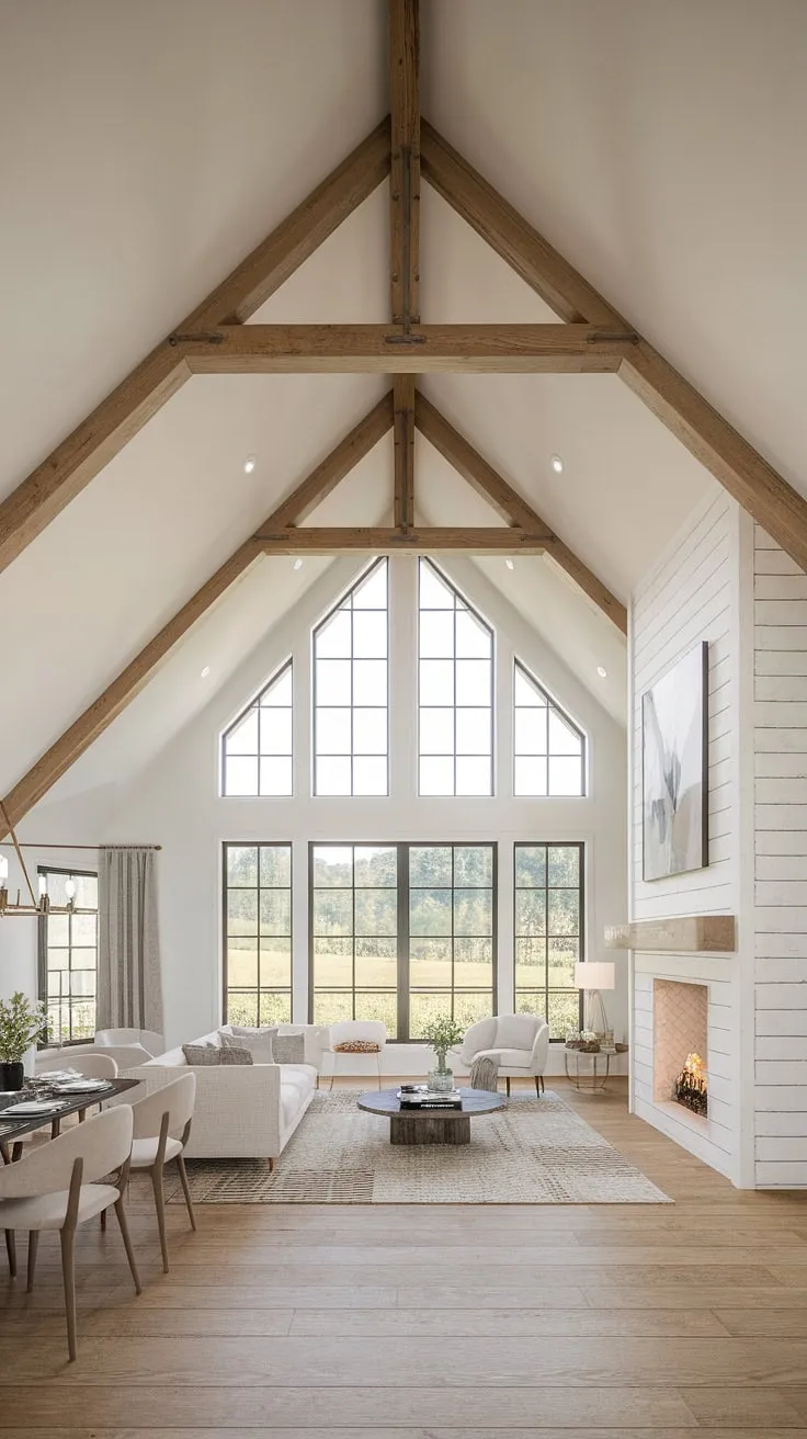 This stunning modern farmhouse boasts an open-concept design, seamlessly blending living and dining spaces under a vaulted ceiling. The large windows and strategically placed fireplace create a bright and inviting ambiance, showcasing the beauty of natural light and rustic charm.