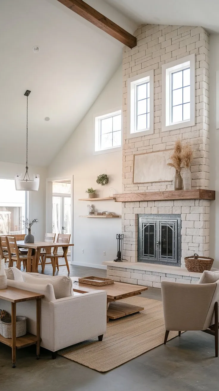 Sunlight streams through the expansive windows of this modern farmhouse, illuminating the warmth of the stone fireplace and the inviting open floor plan. The carefully curated minimalist decor complements the natural textures, creating a space that feels both sophisticated and effortlessly comfortable. A perfect blend of rustic charm and contemporary elegance.