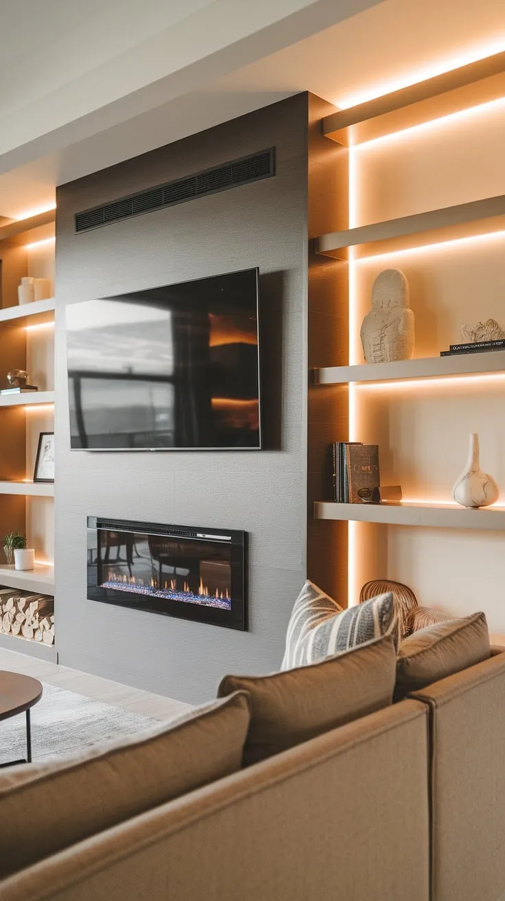 This modern living space seamlessly blends functionality and style. The media wall, complete with a fireplace and integrated shelving, is a stunning focal point. A comfortable sofa invites you to unwind and enjoy the ambiance of this beautifully designed room.