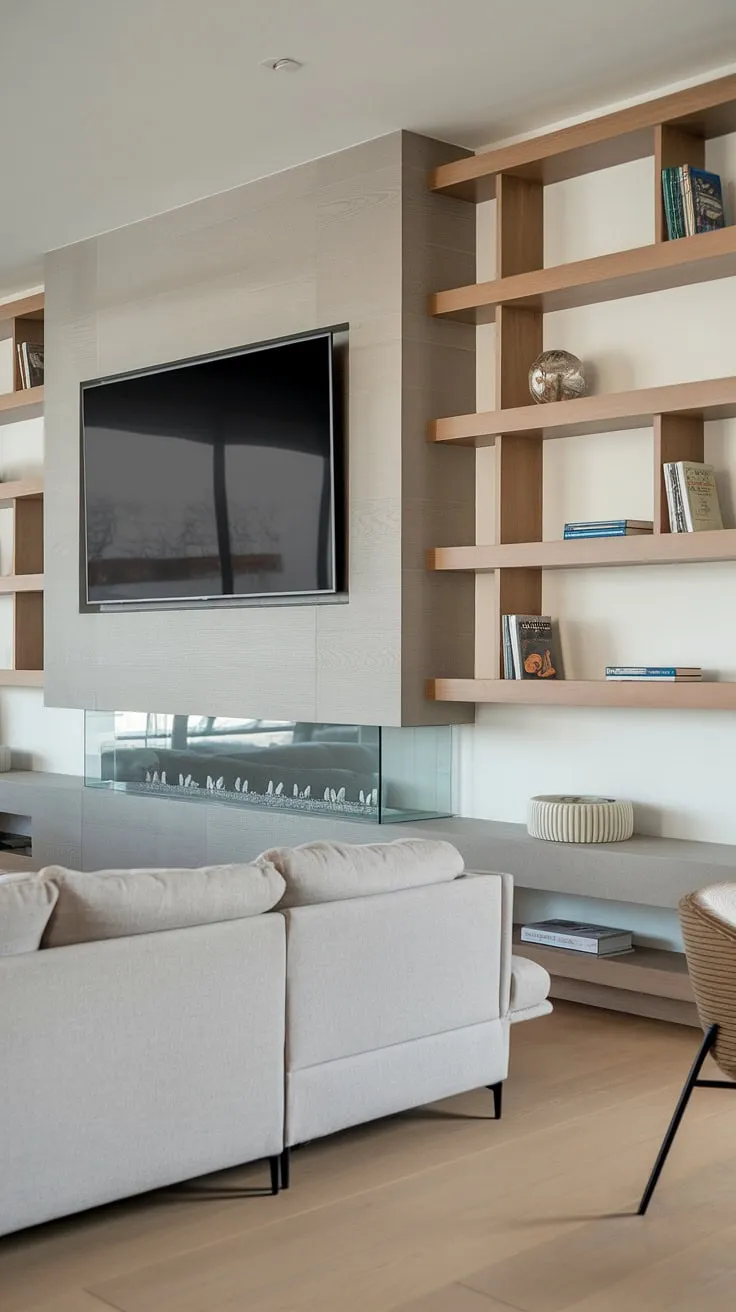 Modern living redefined. The sleek fireplace, integrated media wall, and thoughtfully curated shelving create a space that's both stylish and functional. A perfect blend of form and function, this room offers a calming retreat for relaxation and entertainment.